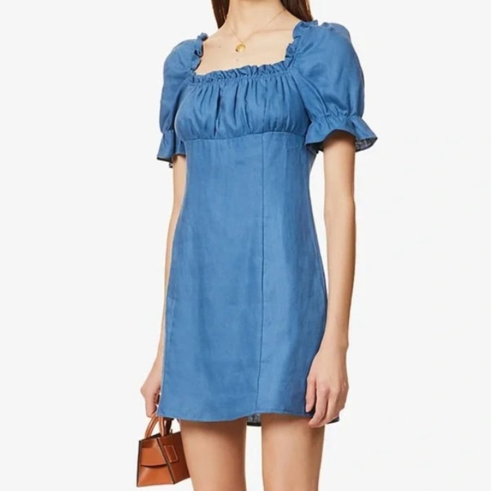 Reformation Robles Blue Puff Sleeve Linen Dress